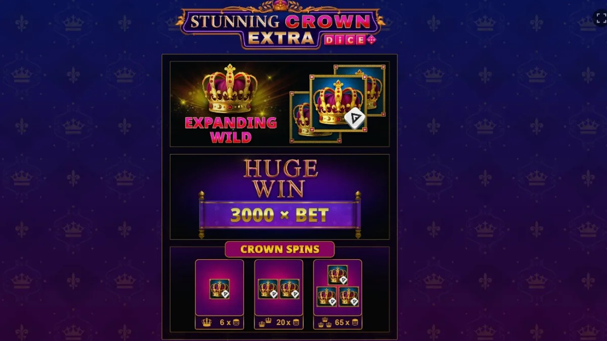 Interface do jogo Stunning Crown Extra Dice com coroas e símbolos de frutas